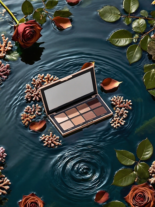 产品在水面上，深色珊瑚环绕，眼影盘周围有棕色的玫瑰，玫瑰花瓣、叶子，下方有水波纹，倒影；俯瞰视角