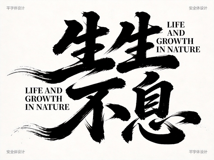 干净的纯白色背景。平面书法字体海报设计，主体四个字"生生不息"，草书字体，狂野奔放，超粗笔画流畅飘逸，笔画巧妙延长变形，带有飞白枯笔效果，行云流水一气呵成，视觉张力富有动感，整体呈现大师书法作品风格，预览效果