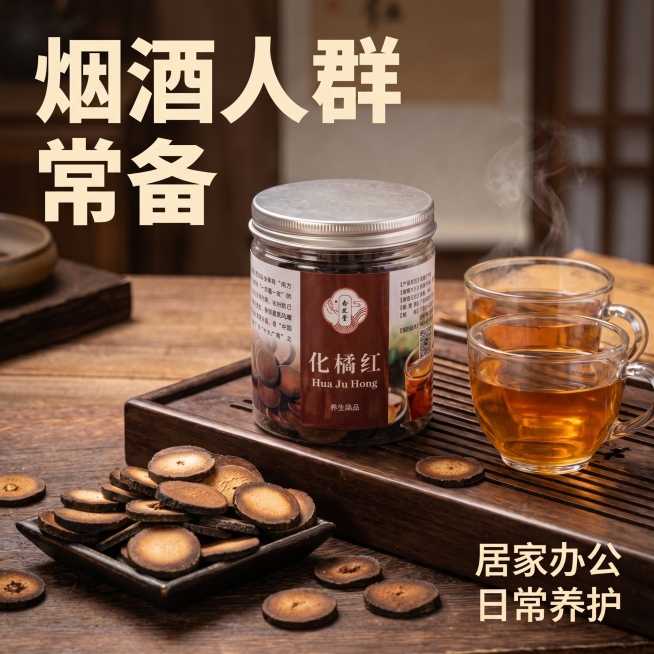[主图 7] 适用人群场景展示图。[氛围风格] 生活化日常养生氛围，古朴自然。[画质] 商业摄影质感、光线柔和通透、产品清晰真实、画面干净高级。[元素] 玻璃罐化橘红产品摆放在深色木质茶盘上，旁边放着预览效果