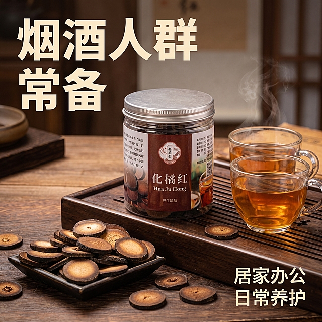 [主图 7] 适用人群场景展示图。[氛围风格] 生活化日常养生氛围，古朴自然。[画质] 商业摄影质感、光线柔和通透、产品清晰真实、画面干净高级。[元素] 玻璃罐化橘红产品摆放在深色木质茶盘上，旁边放着冲泡好的两杯橘红茶，干切片散落在茶盘上。保持产品包装和切片纹理与原图完全一致，杜绝变形色差。商品主体占比约70%，满屏无边框，自然摆盘。[光影] 室内柔和暖光，茶汤通透，整体氛围温馨自然。[配色] 深棕木质底搭配红棕包装和琥珀茶汤，色调统一沉稳。[视角构图] 平视角度，主体居中展示，景深适中。[文字版式] 左上角大字写"烟酒人群常备"米白色粗体，右下角小字标注"居家办公 日常养护"，文字不遮挡主体，清晰易读。[比例分辨率] 1:1比例，2k分辨率；文字清晰锐利，画面超高清。[负向提示词] 变形，水印，文字错乱，产品图模糊，背景杂乱