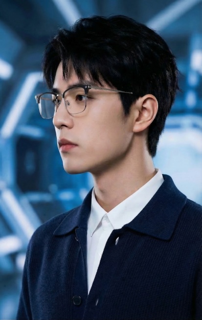 将人物身体向正面方向旋转约30度，保持面部朝向、眼镜、藏青色针织衫与白衬衫、以及背景不变预览效果