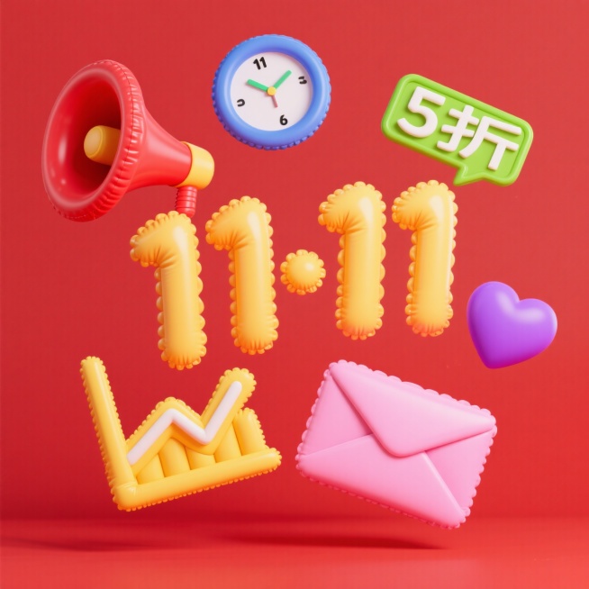 主体为一个促销感的黄色“11·11”造型，结合装饰元素：漂浮着喇叭、时钟、信封、爱心、数据图表、折扣标识等，前景干净，背景为红色预览效果