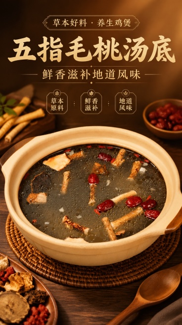 电商海报，鸡煲店五指毛桃汤底，采用写实商业摄影暖调食欲风，100%还原上传商品图中砂锅汤底的产品外形、食材内容、材质质感，设计仅作用于背景、光影、道具、版式和文字区。画面主标题"五指毛桃汤底"，副标题预览效果