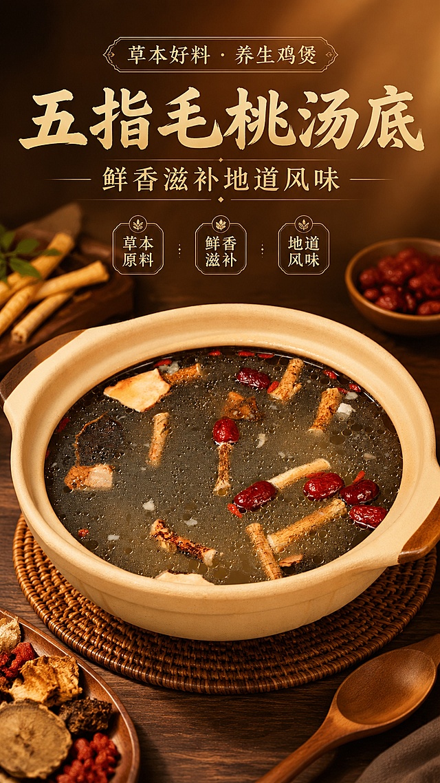 电商海报，鸡煲店五指毛桃汤底，采用写实商业摄影暖调食欲风，100%还原上传商品图中砂锅汤底的产品外形、食材内容、材质质感，设计仅作用于背景、光影、道具、版式和文字区。画面主标题"五指毛桃汤底"，副标题"鲜香滋补地道风味"，装饰文案"草本好料 · 养生鸡煲"，卖点标签分别为"草本原料""鲜香滋补""地道风味"，文字放在负空间不遮挡主体。暖光氛围，突出新鲜食材和滋补质感，背景采用暖棕色渐变，产品居中展示，四边留足安全边距，版式精美，画面比例9:16，整体食欲感满满。