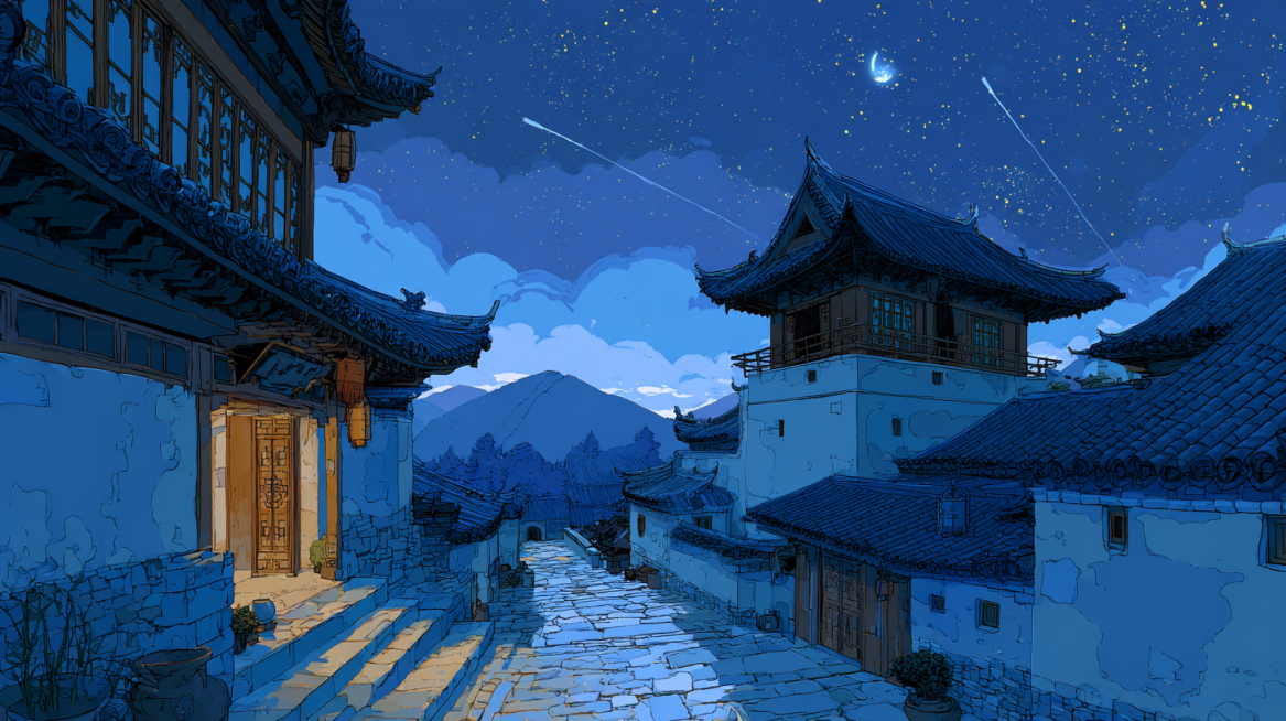国风动画风格，线条流畅细腻，色块过渡自然，色调古朴温润（赭石、米白、浅棕为主，点缀金色特效光），楚国古村落夜景，青瓦土墙线条柔和，淡蓝色月光铺洒地面，远山朦胧带水墨感，天空有一颗流星坠向一间房屋。预览效果