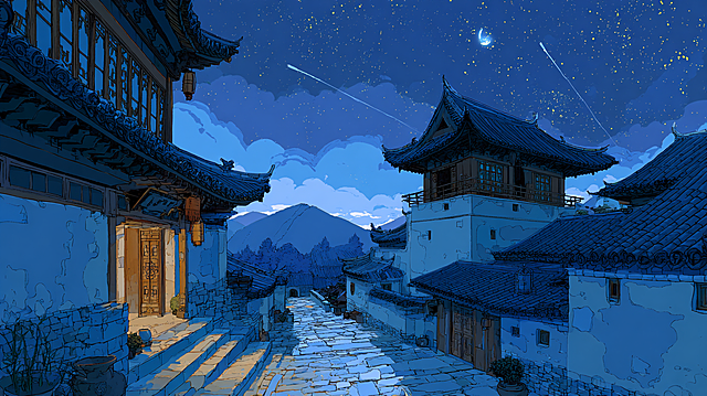 国风动画风格，线条流畅细腻，色块过渡自然，色调古朴温润（赭石、米白、浅棕为主，点缀金色特效光），楚国古村落夜景，青瓦土墙线条柔和，淡蓝色月光铺洒地面，远山朦胧带水墨感，天空有一颗流星坠向一间房屋。
