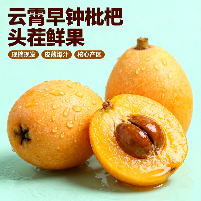 主图首图，新鲜采摘的云霄早钟枇杷，整果搭配切开的爆汁果肉，表面布满晶莹水珠，浅青绿色干净背景，自然暖光突出金黄果肉通透感，左上角加粗深棕色标题 "云霄早钟枇杷 头茬鲜果"，下方三个小卖点标签 "现摘现预览效果