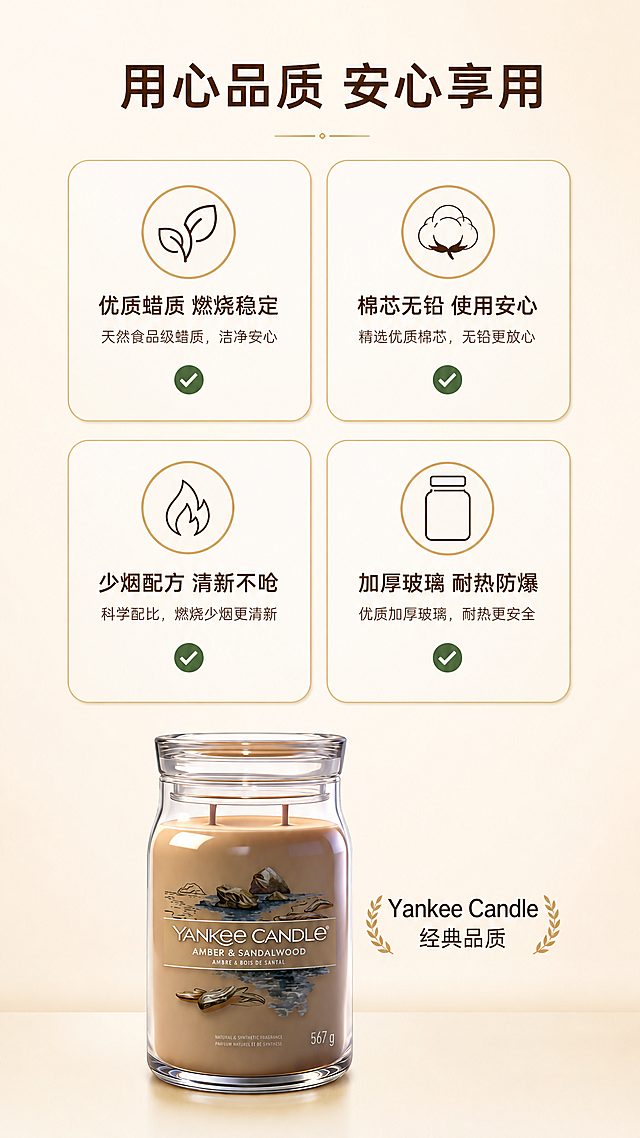 [第7张] 安心品质页 - 香薰蜡烛品质与安全使用说明。本张使用【图1】作为商品主体（缩小置于底部）。
[氛围/风格] 干净专业品质感，信息卡片式布局，信任背书风格，简约高级。
[元素布局] 上半部分为四个品质卖点图标+文字卡片，2×2排列：天然食品级蜡质、优质棉芯、无烟燃烧、玻璃罐耐高温；每个配简约线条图标；底部放置蜡烛罐产品，占比约25%，外观与输入产品图一致；背景为浅米白色渐变。
[光影质感] 均匀柔光照明，产品清晰明亮，整体干净通透，无强烈阴影。
[配色色系] 全局底色 #FAF7F2（米白色）；主色深棕+暖金；辅助色浅米色、深绿色勾选图标。
[视角构图] 上下结构，上半部分信息卡片，下半部分产品展示，阅读动线清晰。
[文字版式] 顶部主标题「用心品质 安心享用」；四张卡片分别标注：「优质蜡质 燃烧稳定」「棉芯无铅 使用安心」「少烟配方 清新不呛」「加厚玻璃 耐热防爆」；每张卡片配一个勾选图标；底部产品旁标注「Yankee Candle 经典品质」；文字为深棕色无衬线体，清晰专业。
[比例分辨率] 9:16 竖版比例，2K 分辨率，文字清晰可辨，高清画质。
[负向提示词] 产品变形，水印，文字错乱，文字过小，图标模糊，背景杂乱。