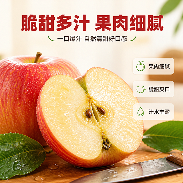 [主图-3] 细节与口感 微观种草。
[统一基调] 京东食品生鲜风格 简洁稳重 文字占比<30% 一图一重点；整体风格=清新自然商业摄影风；背景主色=暖白+浅果园绿；标题字色=深苹果红；辅助字色=深暖灰；强调色=翠绿；字体样式=粗黑体厚重有力；字号层级=主标题最大 辅助文案缩小50%以上；卡片/图标/边框=圆角浅底信息卡 细线图标。
[画面] 切面特写微距型 画面中央是切开的红露苹果剖面 果肉淡黄色细腻有光泽 汁水丰盈反光 旁边放完整苹果和绿叶 主体占画面约70% 背景浅暖白虚化 突出果肉纹理和新鲜度 有晶莹水珠点缀 旁边放一把水果刀增加真实感。
[光影质感] 侧前柔光 突出果肉肌理和汁水高光 苹果外皮红色鲜亮 剖面果肉通透有光泽 接触阴影自然 微距商业摄影质感。
[配色] 主色苹果红+暖白 果肉淡黄色做层次 强调色翠绿用于小标签 整体清新有食欲。
[文字版式] 上方主标题"脆甜多汁 果肉细腻" 副标题"一口爆汁 自然清甜好口感" 右侧3个口感短句标签："果肉细腻" "脆甜爽口" "汁水丰盈" 文字横排 放在上方和右侧负空间 不遮挡剖面主体 主标题粗黑大字 口感短句清晰醒目。
[输出要求] 比例1:1 2048×2048 2K 文字清晰可读 产品清晰完整；负向：变形 错字 模糊 杂乱 水印 平台Logo 绝对化用语 果肉颜色失真 苹果外皮颜色改变。