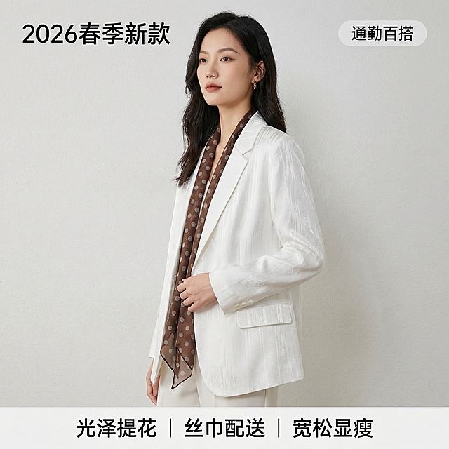 [垫图] https://gdesign-dam-hz.dancf.com/35932155007981601/4fd999cace2d4ac9827343321cf41039.jpg
[主图主题] 白色提花飘带西装外套主图
[氛围/风格] 轻奢极简高级感，时尚棚拍，自然柔和光影
[画面元素] 亚洲女性模特（身高170左右，体态纤细）穿着这款白色提花西装外套，搭配棕色波点飘带，自然站立转身动态，呈现慵懒松弛时髦感，背景为纯净浅灰色肌理墙面，干净无杂物，产品主体完整居中，占比约60%，产品外观与原图100%一致，突出光泽提花肌理和飘带设计细节
[配色色系] 主色调：纯净白；辅助色：浅灰背景，棕色波点飘带点缀
[视角构图] 平视拍摄，景深适中，产品完整展示
[文字版式] 左上角标题“2026春季新款”，右上角浅灰色圆角标签“通勤百搭”，底部三个卖点“光泽提花 | 丝巾配送 | 宽松显瘦”，字体为无衬线体黑色，文字悬浮留白区域不遮挡主体，排版简约高级
[比例分辨率] 1:1 比例，2k 分辨率