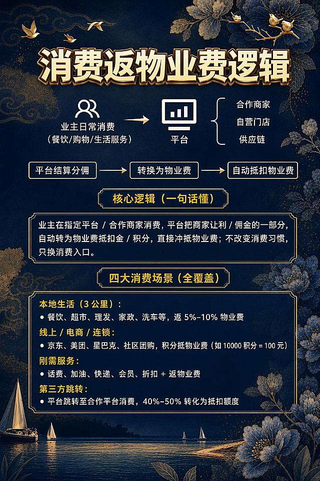 优化这张海报的文字排版，使其更美观精致：1. 标题加大加粗，增加金色描边或立体效果，居中更醒目；2. 各模块间距均匀，层级分明，小标题用金色字体更突出；3. 流程图部分对齐更规整，图标与文字排版协调；4. 四大消费场景每一项增加适当的行间距和项目符号，文字左对齐更整齐；5. 整体文字布局居中对称，留白合理，与深蓝色国风背景融合更高级，保持所有文字内容不变