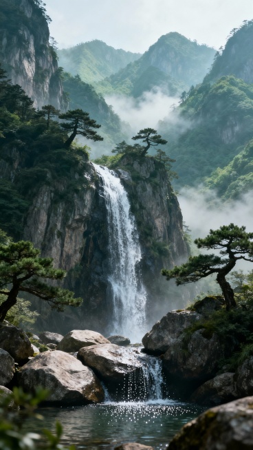 古风优美干净的描写"飞泉漱石"的山水画，实景，电影感预览效果