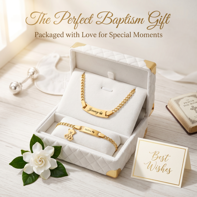 Strictly restore the uploaded product image (gold personalized necklaces and bracelet), placed insid预览效果
