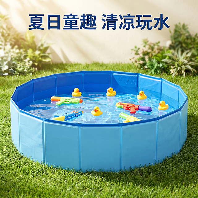 [主图 2] 蓝色折叠泳池户外场景展示。
[氛围风格] 明亮清新夏日玩水氛围，自然舒适。
[画质] 商业摄影质感、光线柔和通透、产品清晰真实、画面干净高级。
[元素] 蓝色折叠泳池放置在户外庭院草地上，泳池注满清澈清水，泳池内搭配黄色小黄鸭戏水玩具和儿童水枪。保持泳池外观（物理结构、材质质感、颜色）与输入产品图绝对一致，杜绝任何变形和色差，精细化处理。商品主体占比严格控制在60%-80%之间，周围是绿色草地，阳光明媚。
[光影] 自然日光，明亮柔和，漫反射光线，整体通透清爽，带有夏日阳光温暖感。
[配色] 主色调为泳池蓝和草地绿，搭配玩具黄色，清新自然。
[视角构图] 平视构图，产品居中，前景草地，背景浅景深模糊庭院绿植，层次分明。
[文字版式] 顶部加粗醒目大字文案“夏日童趣 清凉玩水”，字体深蓝加粗，放置在顶部留白区域不遮挡泳池主体。
[比例分辨率] 1:1 比例，2048x2048像素，2k 分辨率；文字清晰可辨，超高清。
[负向提示词] 变形，水印，文字错乱，产品图模糊，背景杂乱，遮挡主体，色差过大。