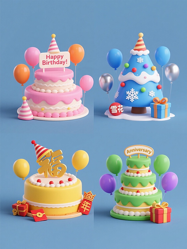 一套4个不同元素内容的3D卡通风格系列素材集合，保持相同的圆润可爱造型、细腻的材质表现和明亮欢快的氛围，规整排布在纯色背景上。每个素材分别为：1. 粉色系生日主题：双层奶油蛋糕，顶部有"Happy Birthday!"字样装饰牌，周围环绕粉色和橙色气球、条纹生日帽、礼物盒；2. 蓝色系圣诞主题：圣诞树造型蛋糕，覆盖白色奶油"雪花"，点缀彩色小装饰球，周围有蓝色和银色气球、圣诞帽、礼物盒；3. 黄色系新年主题：圆形年糕造型糕点，顶部有金色"福"字装饰，周围有黄色和红色气球、传统中式帽子、红包和礼物盒；4. 绿色系周年庆典主题：多层塔状甜点，顶部有"Anniversary"字样装饰，周围有绿色和紫色气球、庆典帽、礼物盒。所有元素保持相同的3D渲染质感，色彩鲜明，光影柔和，无文字信息，整体风格统一，在纯色背景上整齐排列。