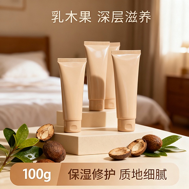 几支乳木果护手霜在展台上，背景为虚化卧室，暖米光。卖点 “乳木果 深层滋养”。下方米棕渐变文本框，展示 “100g 保湿修护 质地细腻”。