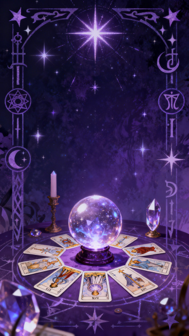 竖屏塔罗主题背景图，充满神秘魔法元素，如塔罗牌阵、水晶球、神秘符文、星芒，整体深紫色调，营造浓郁神秘氛围预览效果