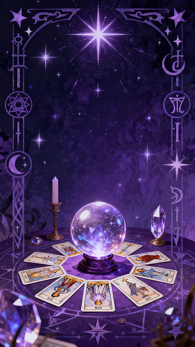 竖屏塔罗主题背景图，充满神秘魔法元素，如塔罗牌阵、水晶球、神秘符文、星芒，整体深紫色调，营造浓郁神秘氛围