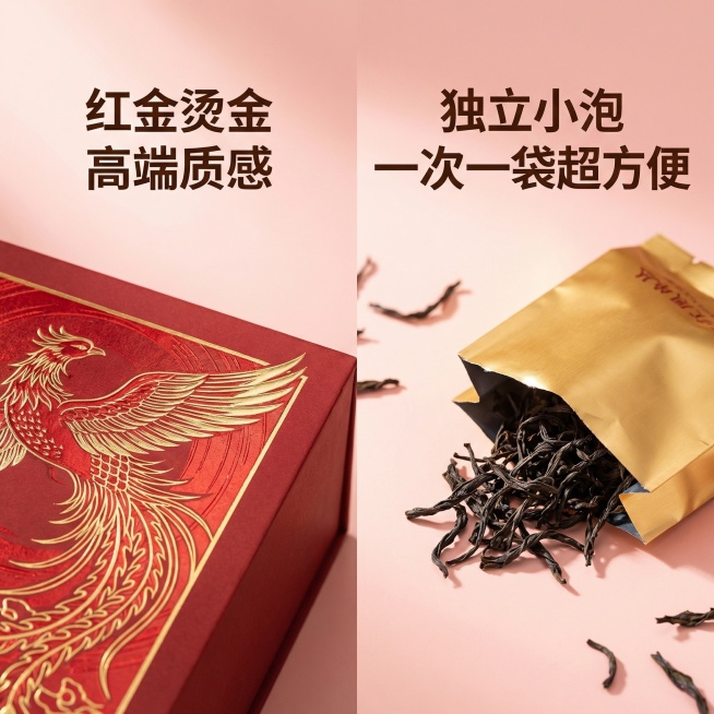 [垫图]输入图
[主图主题]中茶东方红凤凰单丛礼盒细节展示图
[氛围/风格]写实微距风格，暖光通透，突出礼盒与小泡质感
[画面元素]画面左侧为礼盒封面凤凰烫金线条特写，纹理清晰高级，右侧为独立铝箔小泡预览效果