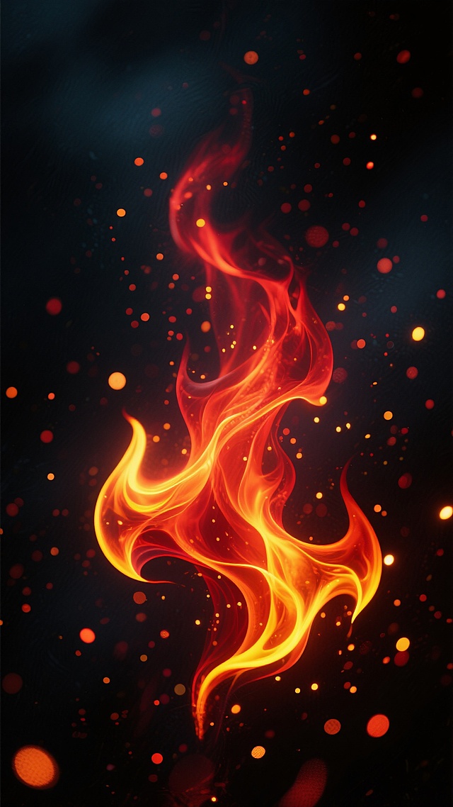 深色背景上，呈现出流动感强、形态抽象的火焰效果，火焰以红色和橙色为主色调，边缘带有明亮的黄色光晕，整体呈现出朦胧、飘逸的视觉效果。画面中布满了大小不一、疏密有致的火焰粒子和光斑，它们在深色背景上闪烁、飘散，营造出一种热烈而神秘的氛围。火焰的形态不具象，更像是流动的能量和燃烧的光影，充满了动感和层次感。