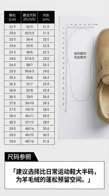 视觉：清晰的数据图表与实物参照。

左区：详细的尺码表（包含脚长、建议尺码、内长）。

右区：一张俯拍图：一张标有刻度的纸张，旁边是鞋床的精确轮廓描边图，直观展示“你的脚应在此框内”。

核心提示：「预览效果