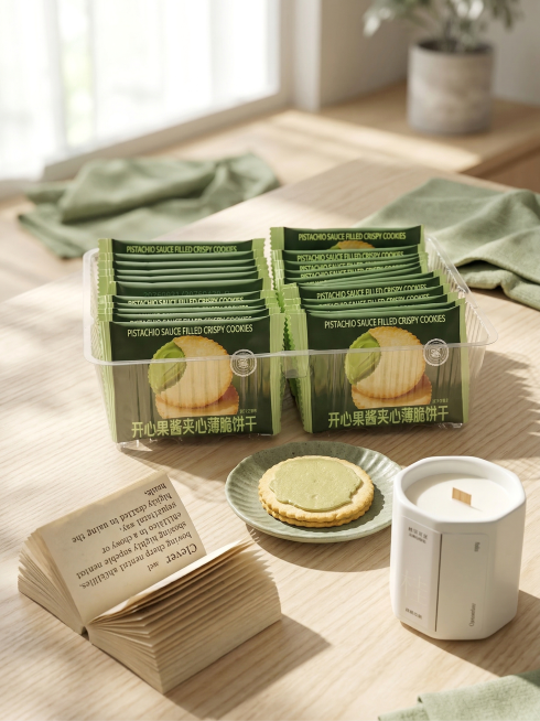 开心果酱夹心薄脆饼干商品场景图，保持饼干产品主体物理结构不变，保持包装上的文字和Logo原样不变，保留开心果夹心饼干清晰新鲜的纹理。春天清新氛围感，北欧自然风，鼠尾草绿和浅木色配色，通透柔和的极强自然预览效果