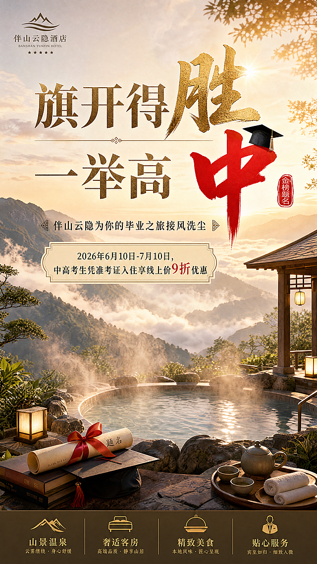五星级温泉酒店毕业季活动海报，画面主标题文字"旗开得胜"，其中"胜"字字号放大醒目；第二行主标题"一举高中"，其中"中"字用喜庆的大红色，字号放大醒目。副标题文字："伴山云隐为你的毕业之旅接风洗尘"。活动信息文字：2026年6月10日-7月10日，中高考生凭准考证入住享线上价9折优惠。画面背景是云雾山谷环抱的露天温泉，暖色调风格，整体精美高档，有场景感和度假向往感，符合五星级酒店品质，文字排版醒目清晰