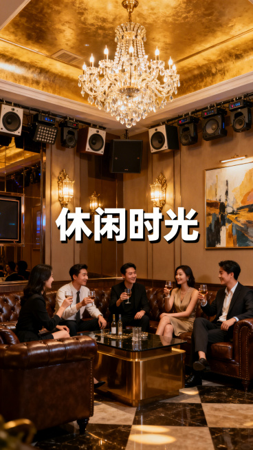 商务KTV内部场景，装修高端大气，有精致的灯光、沙发、音响设备，画面中可以出现休闲娱乐的人物，可加入合适的装饰性文字，禁止出现联系方式、二维码、logo预览效果