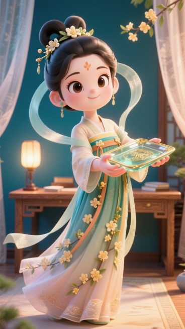Q 版嫦娥拟人（穿着改良版广袖短襦，点缀桂花）双手托着描金玻璃质感的方形盘子向前递出，歪头看着镜头，发间桂花发簪。强烈的仰视透视感让她的裙摆铺开，广角镜头放大手部与盘子的细节，半身近景特写聚焦于递盘的预览效果