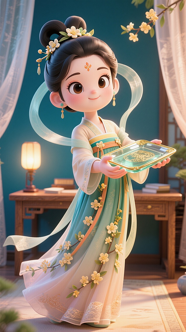 Q 版嫦娥拟人（穿着改良版广袖短襦，点缀桂花）双手托着描金玻璃质感的方形盘子向前递出，歪头看着镜头，发间桂花发簪。强烈的仰视透视感让她的裙摆铺开，广角镜头放大手部与盘子的细节，半身近景特写聚焦于递盘的姿态，背景是摆着灯的原木书桌与飘着的纱帘