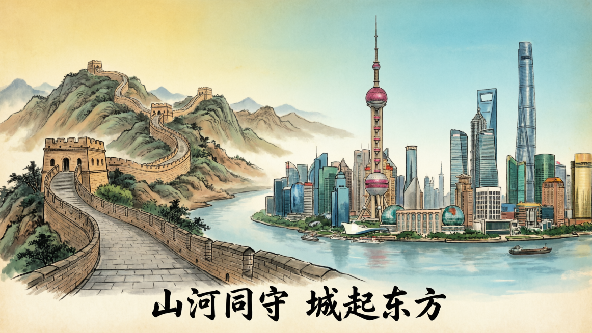 [主图 3] 16:9横版，国潮青绿国风拼贴插画，左半部分展示蜿蜒长城的壮丽景色，右半部分展示浦东陆家嘴黄浦江风光，整体色调统一风格一致，底部居中放置文字：“山河同守 城起东方”，排版协调，文字不遮挡预览效果