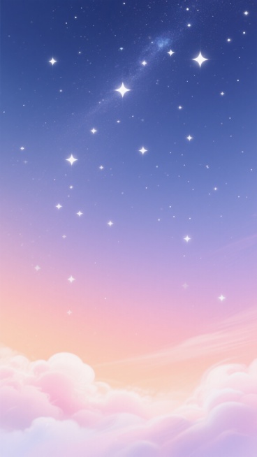 梦幻风格星空背景，从上至下呈现由深邃靛蓝到柔和浅紫再到梦幻粉橙的渐变色彩，点缀着无数大小不一、闪烁着微光的白色星星，底部有轻盈朦胧的粉白色云彩，整体色调柔和过渡，营造出宁静而浪漫的梦幻氛围，画面干净简洁，无文字及其他元素。预览效果