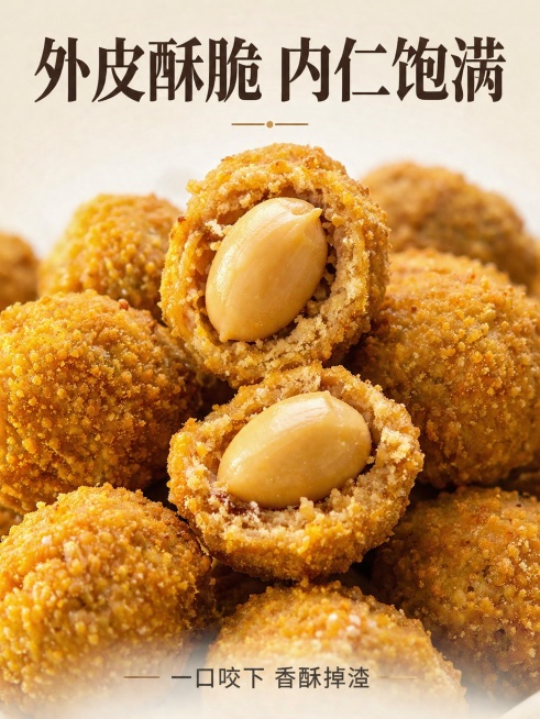 [第4屏] 口感质地特写，放大展示酥脆外皮和饱满内仁。本屏使用【图2】作为产品主体，展示整颗和切开的花生对比。
[氛围/风格] 微距特写质感，突出酥脆层次感，真实食欲感。
[元素布局] 画面中心放大展预览效果