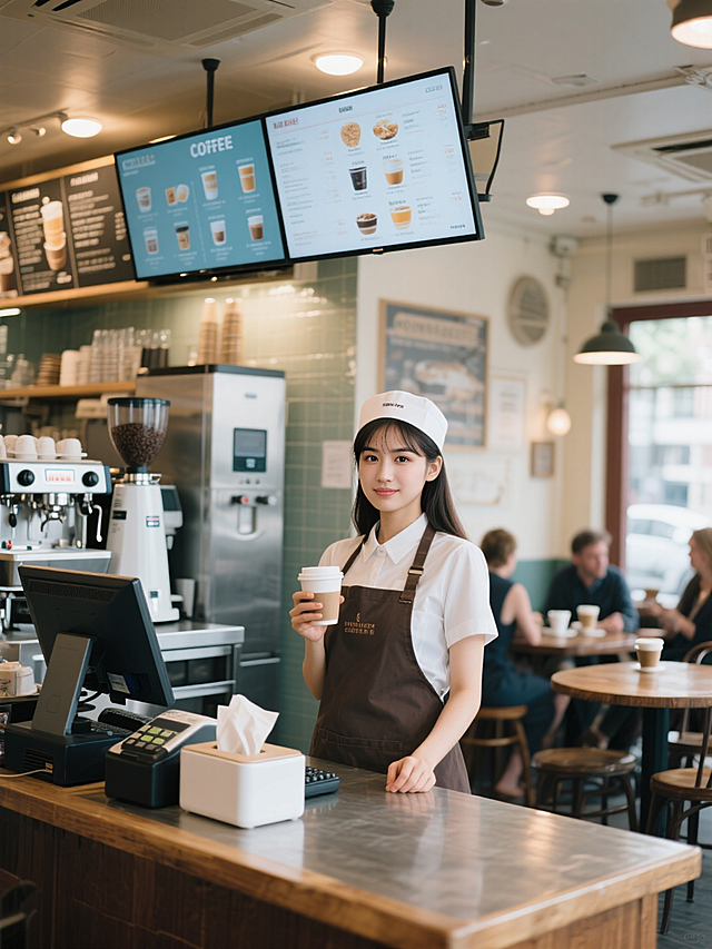 现代简约咖啡馆，清新舒适实景感，员工微笑服务，体现简约主义风格。