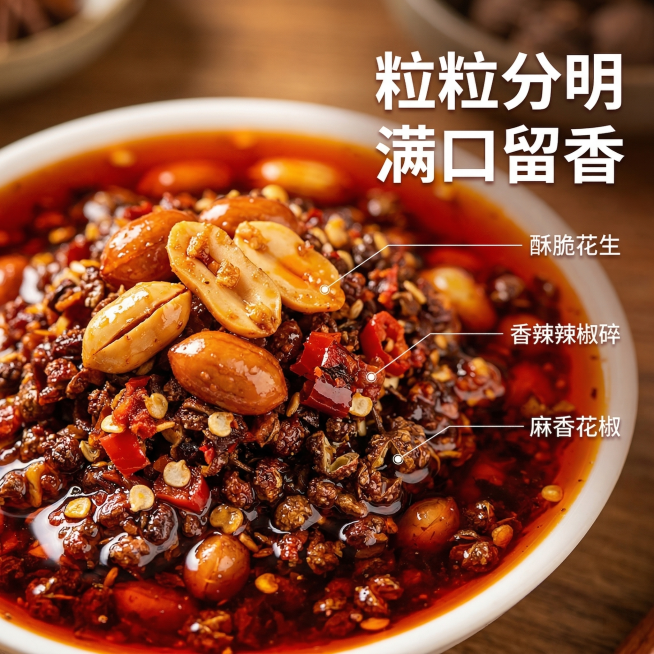[主图3：鲜花椒辣椒油细节成分图] 主图主题：鲜花椒辣椒油细节特写图；氛围/风格：微距食欲风，暖光打亮，突出质感；画面元素：用户上传的鲜花椒辣椒油产品碗局部特写，微距镜头聚焦辣椒油中的花生颗粒、辣椒碎预览效果
