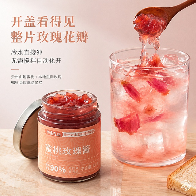 800×800 正方形电商食品主图，8K 超高清商业美食静物摄影，高端线下花果茶饮品牌广告质感；低饱和柔雾裸粉哑光磨砂背景，大面积留白，无杂乱堆砌道具；台面采用奶油白石材 + 浅原木拼接，光线为 45° 分层暖粉柔光，柔和通透无硬阴影；全部使用开盖 160g 玻璃果酱罐，罐口正对镜头，清晰露出内部浓稠膏体、大块蜜桃果肉、整片完整重瓣玫瑰花瓣，表层水润爆汁高光，拉丝绵密不断；果酱入水自动扩散、冷水无需搅拌自溶；透明高硼硅玻璃杯搭配冰块、气泡水，水体折射柔和高光；画面右下角固定微型白色细线条玫瑰品牌 LOGO；文字极简轻奢，玫瑰金粗主标题 + 浅灰纤细副标题，无廉价促销大字；吐司仅画面右下角 5% 极小角落微弱点缀，全程突出开盖果肉、独家工艺、冲饮场景三大核心。
流量首图・开盖冷水自溶冲击款
画面 70% 视觉重心集中在冲饮动态流体；画面左侧摆放一只完全开盖的 160g 蜜桃玫瑰酱玻璃瓶，金属密封盖子斜靠罐身后方，罐口直面镜头，罐内通透展示玫瑰粉琥珀色浓稠果酱，肉眼清晰看见堆叠大块蜜桃果肉、整片未破碎重瓣玫瑰花瓣，膏体表面自带水润光泽，罐口有自然挂壁拉丝；画面右上方深棕色实木小勺伸入开盖罐内，舀起满满一勺裹满果肉与整片玫瑰花瓣的果酱，垂直向下滴落至画面右侧大容量透明高硼硅玻璃杯；杯中仅常温清水 + 冰块，无搅拌工具，果酱落入冷水瞬间自主晕开柔粉色流线，整片玫瑰花瓣、蜜桃果肉随水流自然悬浮舒展，直观可视化「冷水自溶不结块」功能；暖粉柔光穿透玻璃杯水体，形成通透清润高光，开盖罐内完整花瓣与入水扩散流体形成双重记忆点；画面最右下角仅极浅露出 1 小片吐司边角，不抢夺开盖罐与水杯主体，右下角放置微型白色玫瑰线条 LOGO。
文字排版：左侧大面积竖向留白，不遮挡产品。主标题"开盖看得见整片玫瑰花瓣"玫瑰金加粗大号，副标题"冷水直接冲 无需搅拌自动化开"浅灰纤细，底部小字"贵州山地蜜桃 + 本地重瓣玫瑰
90% 果肉低温慢熬"。保持蜜桃玫瑰果酱产品外观、物理结构、材质质感、颜色与输入产品图一致，杜绝任何变形和色差，精细化处理。商品主体占比 70%，文字清晰可辨，超高清商业美食摄影，1:1正方形比例。负向提示词：变形，文字错乱，产品图模糊，背景杂乱，水印，电商平台Logo，促销大字。