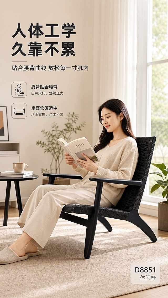 [商品] 使用【图1】D8851黑色休闲椅；保留整体结构、编织坐靠面、实木椅架与黑色外观；商品处理：保持产品原貌，增强材质质感，不改变结构与颜色。
[画面] 目标：真人坐靠体验，沉浸体验，展示人体工学舒适度与真实使用场景。场景嵌入标签版式，明亮客厅场景满铺。一位亚洲年轻女性自然坐在椅子上，手持书本阅读，身体微微后靠，姿态放松舒适。椅子+人物占画面约65%，45度侧视角度。背景有落地窗、白纱帘、小边几与绿植，暖调自然光洒入，营造温馨舒适的居家氛围。
[视觉] 套系策略：风格=高级大气现代中古风商业摄影；标题字=现代简约无衬线粗体；正文字=简洁无衬线体；主色=米白暖灰；背景延展=基于米白暖灰做深浅层级、同色渐变和细腻哑光质感；强调色=深炭黑，仅用于小面积图标、引线和标签；标题色=深炭黑；正文色=中暖灰；组件=细线引线、极简图标、浅底信息卡；光影=左前侧明亮自然光，柔和阴影，整体亮色调。
[文字] 左上区域压暗角轻蒙版放文案：主标题「人体工学 久靠不累」，副标题「贴合腰背曲线 放松每一寸肌肉」，2个体验卖点「靠背贴合腰背」「坐面软硬适中」。右下角落款「D8851 休闲椅」。文字不遮挡人物脸部与椅子主体。
[规格] 图片比例9:16竖版，4K分辨率，负向提示：避免变形、错字、文字过小、冷蓝背景、产品颜色改变、结构失真、水印、二维码、欧美面孔。