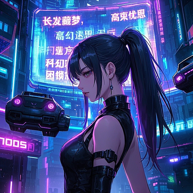 赛博朋克风未来都市，霓虹灯闪烁，科技感十足，机能风少女引领潮流。