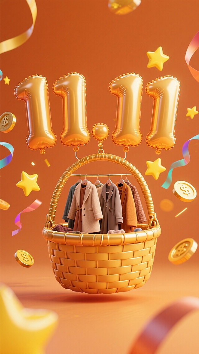 巨大的充气膨胀的“11.11”气球字，气球字吊着金色篮悬浮在空中，里面有秋冬女装，周围点缀黄色星星、彩带、金币等促销元素，强烈的辉光效果，促销的氛围，橘色背景