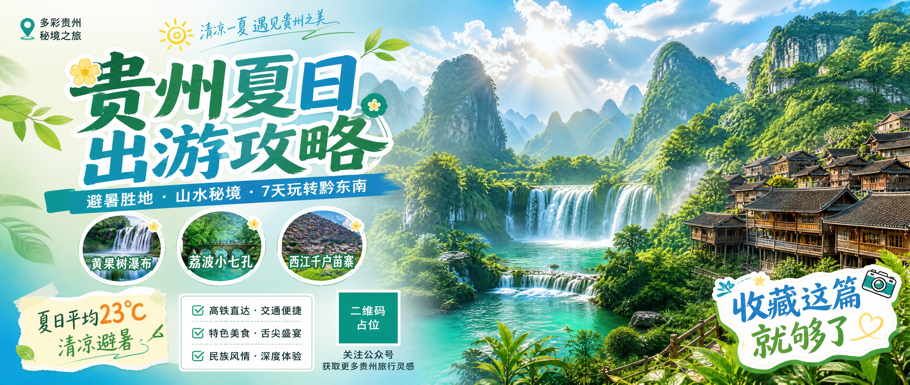 公众号首图，贵州夏日出游攻略主题海报。画面背景为贵州喀斯特山水… - 图片创意预览