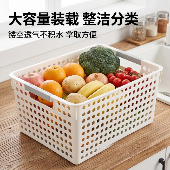 [主图 2] 收纳筐大容量满载展示核心卖点主图。[氛围风格] 真实居家场景，整洁实用风。[画质] 商业摄影质感，光线柔和通透，产品清晰真实，画面干净高级。[元素] 一个大号白色收纳筐放在厨房台面上，筐预览效果