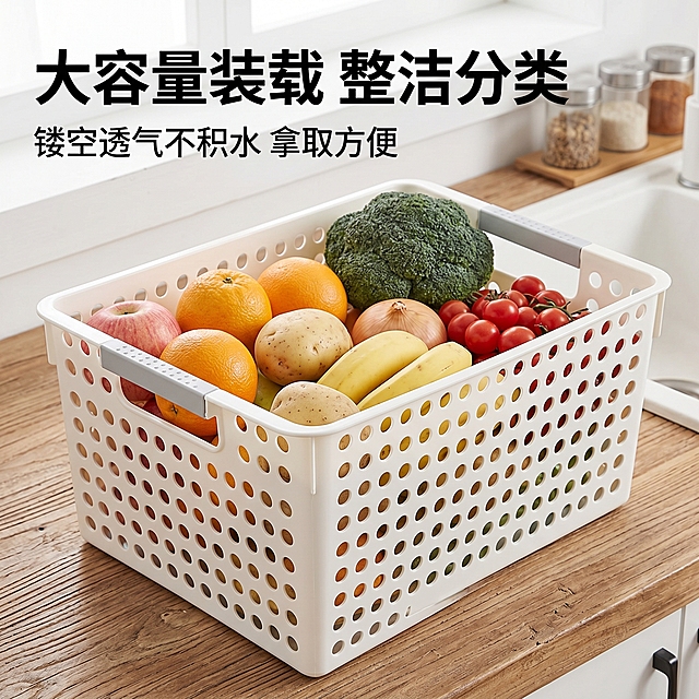 [主图 2] 收纳筐大容量满载展示核心卖点主图。[氛围风格] 真实居家场景，整洁实用风。[画质] 商业摄影质感，光线柔和通透，产品清晰真实，画面干净高级。[元素] 一个大号白色收纳筐放在厨房台面上，筐内装满了各种新鲜水果和蔬菜，展示超大容纳空间；收纳筐保持用户输入产品图的外观、镂空孔洞设计和材质颜色完全一致，杜绝任何变形和色差，精细化处理；商品主体占比约75%，画面满屏无边框。[光影] 柔和室内自然光，主光从正面打来，均匀照亮产品和筐内物品，阴影柔和，突出镂空设计和容量感。[配色] 主色调白色收纳筐搭配原木台面和水果的多彩颜色，清新自然。[视角构图] 略微俯视平视角度，收纳筐主体居中，视觉焦点明确，轮廓完整不裁切。[文字版式] 顶部左对齐，主标题“大容量装载 整洁分类”黑色加粗最大号字体；副标题“镂空透气不积水 拿取方便”小号黑色字体；主副标题对比清晰，不遮挡产品主体。[比例分辨率] 1:1 比例，2k 分辨率，文字清晰锐利，画面超高清。[负向提示词] 变形，水印，文字错乱，产品图模糊，背景杂乱，遮挡主体。