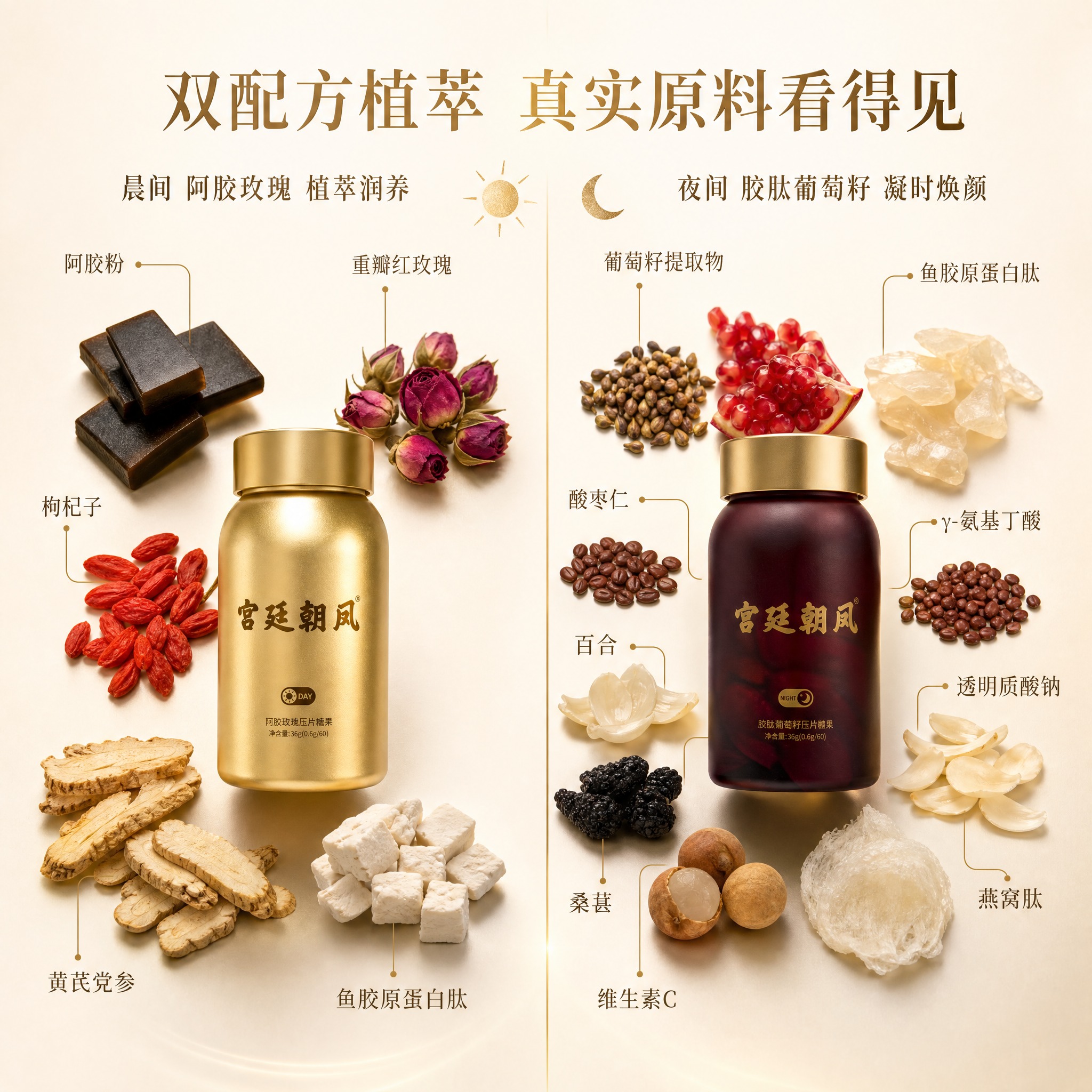 [主图-2] 宫廷朝凤 阿胶玫瑰+胶肽葡萄籽压片糖果套盒 真实… - 图片创意预览