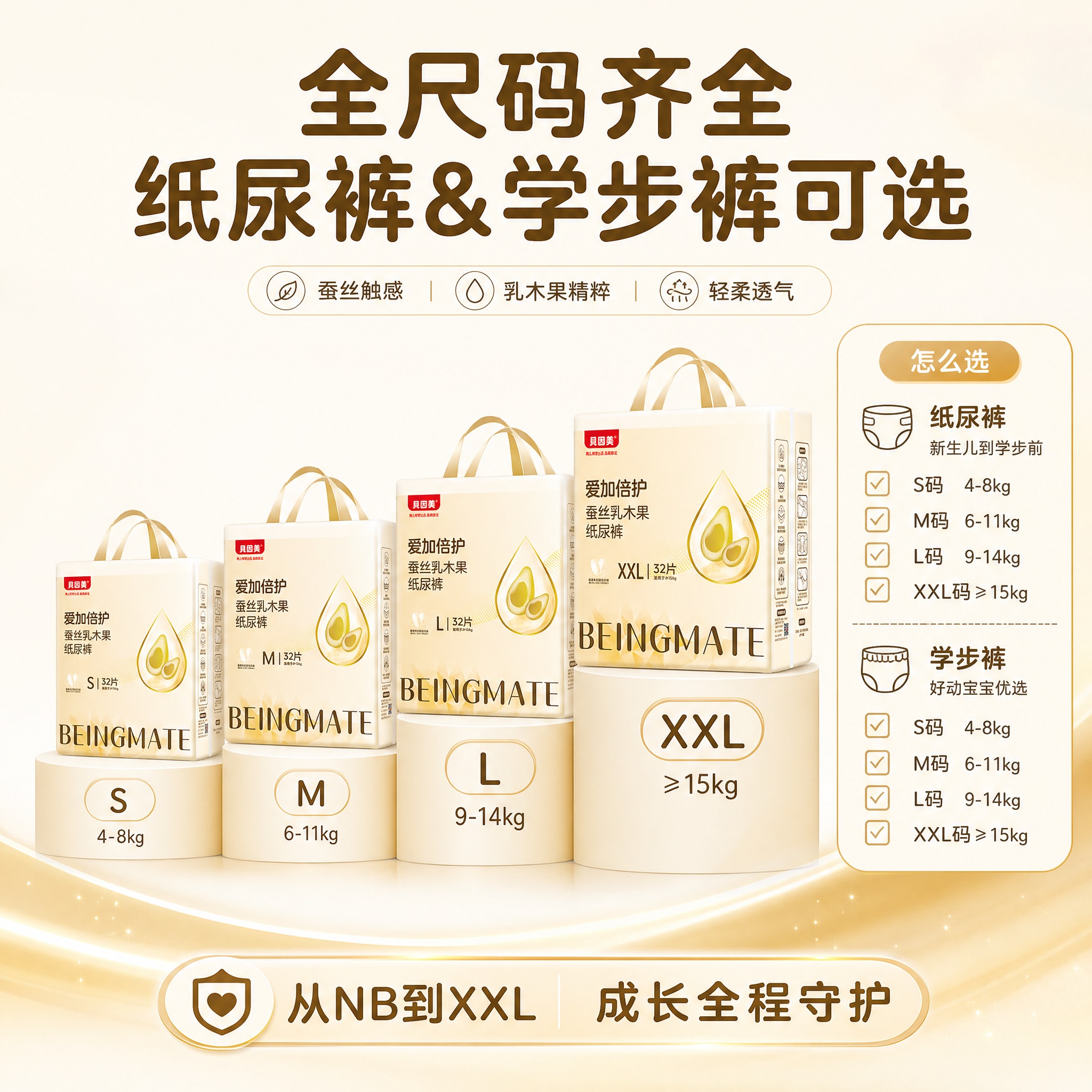 [主图-3] 贝因美爱加倍护蚕丝乳木果纸尿裤XXL码全尺码图，… - 图片创意预览