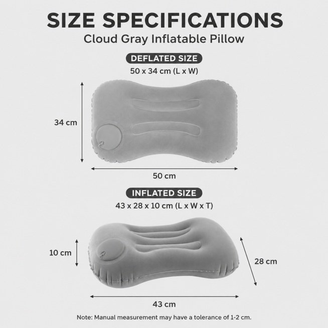 Generate a size specification main image for cloud gray inflatable pillow, place the product in the预览效果
