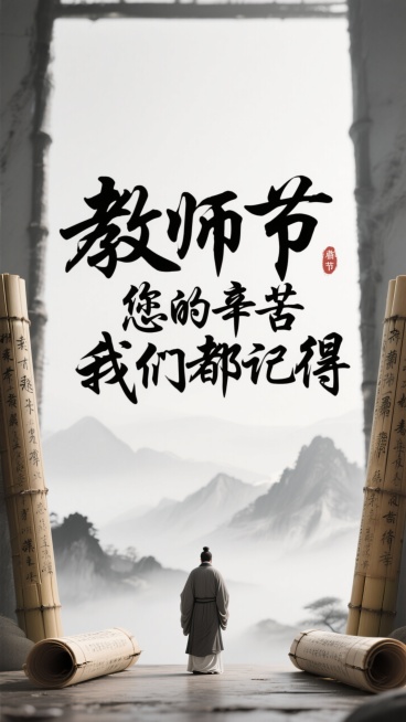 "教师节 您的辛苦我们都记得"文字占据画面中心，笔画大气不羁，画面两边是古文字的竹简，背景是隐约的水墨远山和夫子人物背影，背景白灰色预览效果