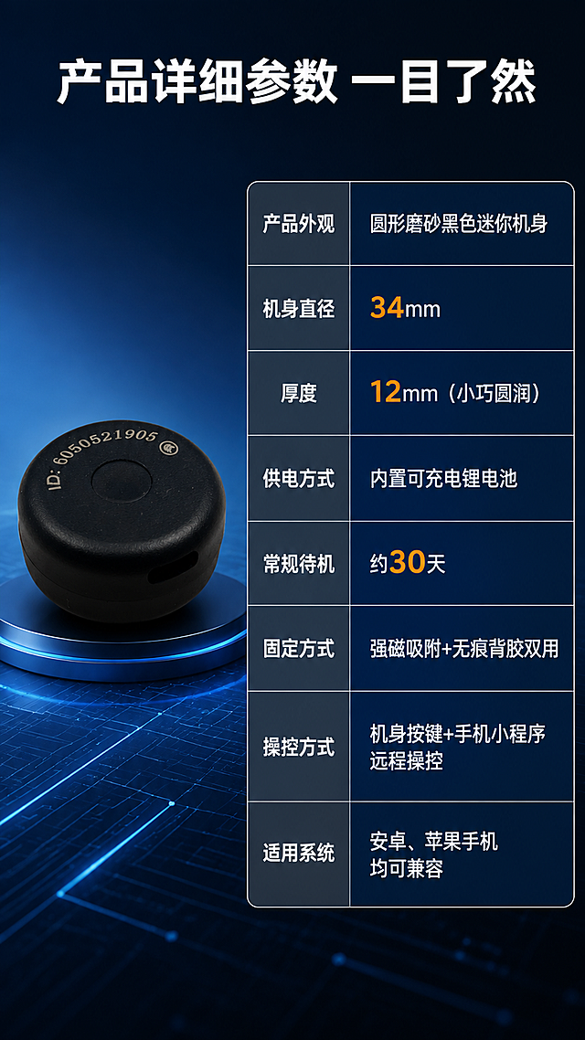 第14张 产品规格参数详情-迷你圆形磁吸防丢定位器参数表格展示。本张使用【图1】作为商品主体。
[氛围/风格] 专业参数风，深蓝科技底色，清晰表格排版，严谨专业，商业设计质感。
[元素布局] 产品黑色圆形定位器置于画面左侧，占比约30%，45°斜侧视角展示完整机身；右侧为规格参数表格，左右两列布局，左列参数名，右列参数值；表格有分隔线，清晰易读；背景为深蓝色渐变，底部有科技感线条装饰。
[光影质感] 侧上方柔光照明，产品磨砂质感清晰，表格区域明亮，整体专业严谨。
[配色色系] 全局底色 #0D2B4E 深蓝渐变；主色深蓝+白色文字；辅助色黑色产品、浅蓝表格行、橙色高亮、白色表格线。
[视角构图] 左右分栏布局，阅读动线左侧产品→右侧参数表格。
[文字版式] 顶部大标题「产品详细参数 一目了然」白色粗黑体大字；参数表格内容：产品外观「圆形磨砂黑色迷你机身」；机身直径「34mm」；厚度「12mm（小巧圆润）」；供电方式「内置可充电锂电池」；常规待机「约30天」；固定方式「强磁吸附+无痕背胶双用」；操控方式「机身按键+手机小程序远程操控」；适用系统「安卓、苹果手机均可兼容」；表格左列深灰底白字参数名，右列深蓝底白字参数值；数字参数用橙色高亮突出。
[比例分辨率] 9:16竖版比例，4K分辨率，文字清晰可辨，高清画质。
[负向提示词] 产品变形，缺件错件，颜色偏差，水印，文字错乱，产品图模糊，背景杂乱。