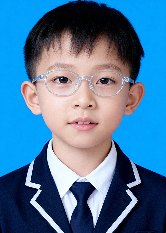 小朋友，校服穿搭，蓝色背景，形象照