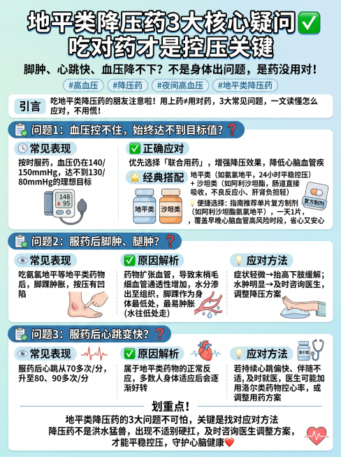 高血压患教科普信息图，标题："地平类降压药3大核心疑问✅ 吃对药才是控压关键"，副标题："脚肿、心跳快、血压降不下？不是身体出问题，是药没⽤对！"，标签："#高血压 #降压药 #夜间高血压 #地平类降预览效果