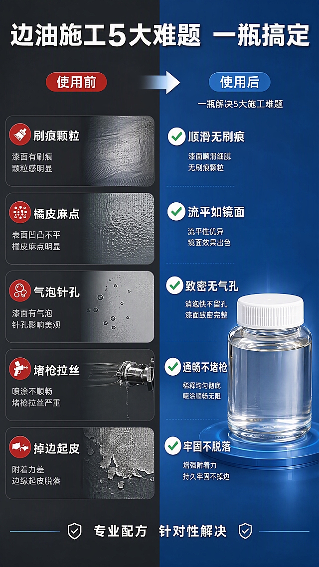 [第2张] 详情页痛点对比页 - 边油施工常见问题与解决方案。本张使用【图1】中的透明小玻璃瓶作为产品代表，置于右侧解决区域。
[氛围/风格] 工业专业风，左右对比版式，清晰直观，商业摄影质感。
[元素布局] 画面左右分栏对比：左侧为痛点区（深灰偏暗背景），展示5个边油施工常见问题的图标化示意（刷痕、橘皮麻点、气泡针孔、堵枪拉丝、掉边起皮），每个配小图标和短文字；右侧为解决区（亮蓝背景），放置透明稀释剂小瓶，周围环绕5个对勾图标，对应5大问题被解决。中间用箭头分隔，标注「使用前 → 使用后」。
[光影质感] 整体均匀布光，右侧产品区更明亮突出，瓶身有高光，左侧痛点区稍暗形成对比，层次分明。
[配色色系] 全局底色左右分栏：左 #333333 深灰，右 #1A5CAD 深蓝；主色深蓝、白色、橙红警示色（痛点区）；辅助色浅蓝、灰色。
[视角构图] 左右分栏对比构图，阅读动线从左痛点 → 中间箭头 → 右产品+解决方案。
[文字版式] 顶部通栏大标题「边油施工5大难题 一瓶搞定」，白色粗黑体；左侧痛点区每格配红色小图标+问题名称：「刷痕颗粒」「橘皮麻点」「气泡针孔」「堵枪拉丝」「掉边起皮」；右侧解决区对应绿色对勾+解决结果：「顺滑无刷痕」「流平如镜面」「致密无气孔」「通畅不堵枪」「牢固不脱落」；底部小字说明「专业配方 针对性解决」。
[比例分辨率] 9:16 竖版比例，4K 分辨率，文字清晰可辨，高清画质。
[负向提示词] 产品变形，文字错乱，水印，颜色偏差，痛点画面恶心夸张，瓶身模糊。